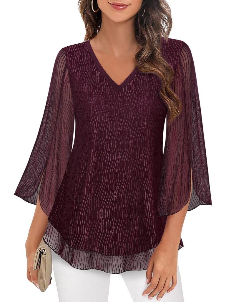 Women's Tops Red Ripple 3/4 Sleeves Floral Shirts Double Layers V Neck Blouses